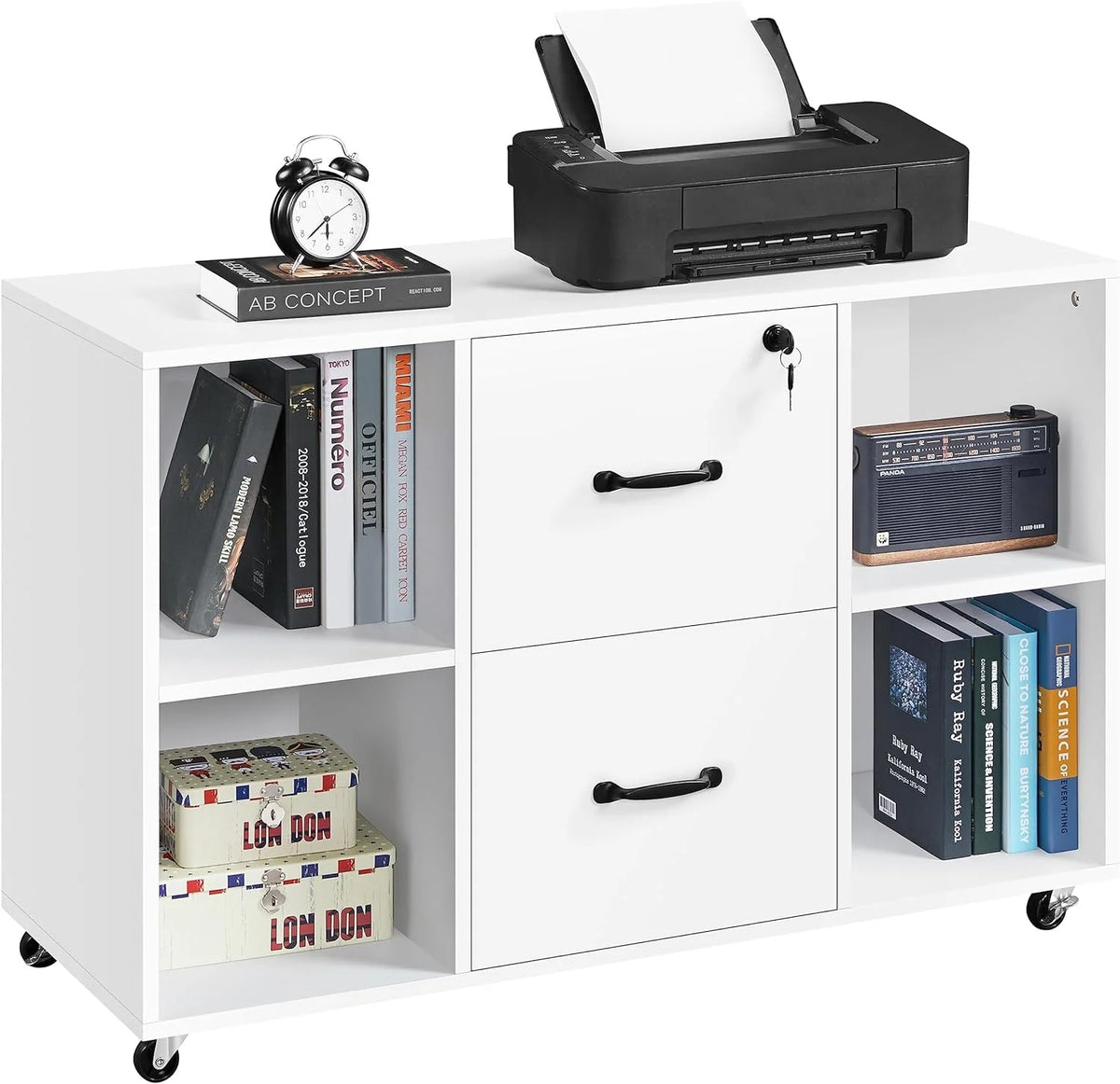 Black Mobile Filing Cabinet with 2 Drawer and 4 Open Compartments X2050