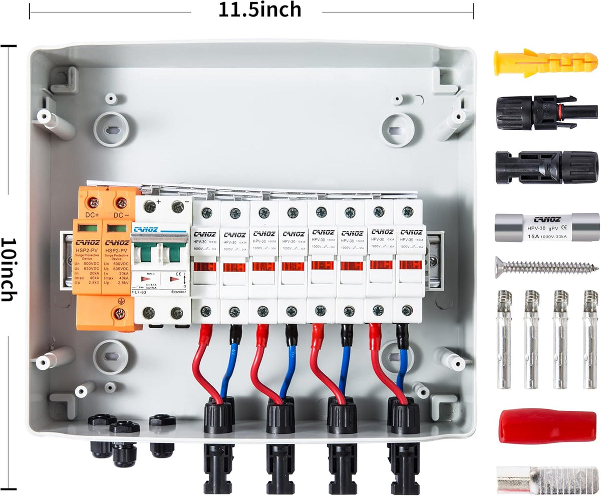 4 String PV Combiner Box with 15A Fuse, 63A Circuit Breaker, Surge Protector and MC4 Connectors G7837