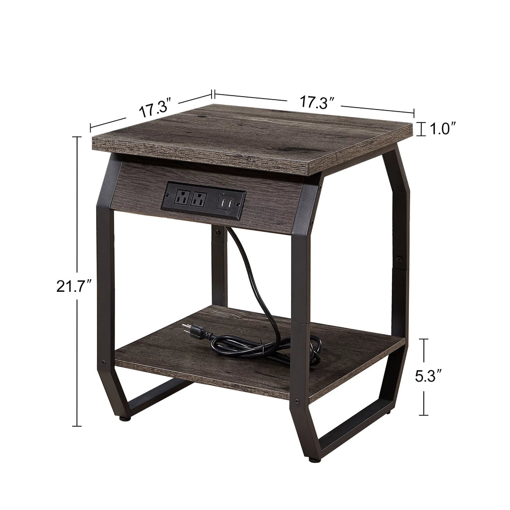 Set of 2 Gray Bedside Tables with Charging Station and Open Shelf Z8811