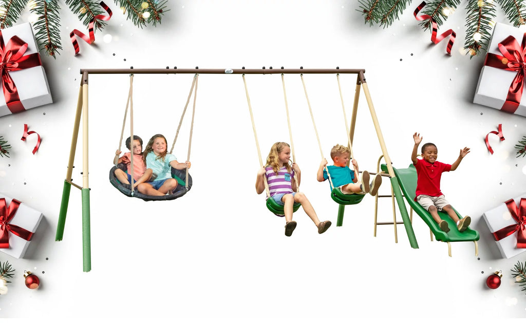Steel Swing Set with Disc Swing, Swing Seats, Wave Slide Q97550