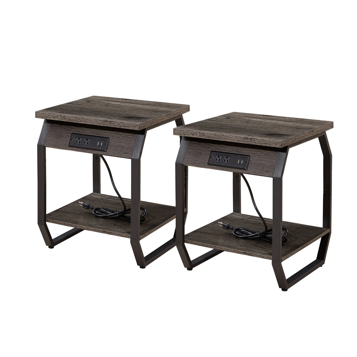 Set of 2 Gray Bedside Tables with Charging Station and Open Shelf Z8811