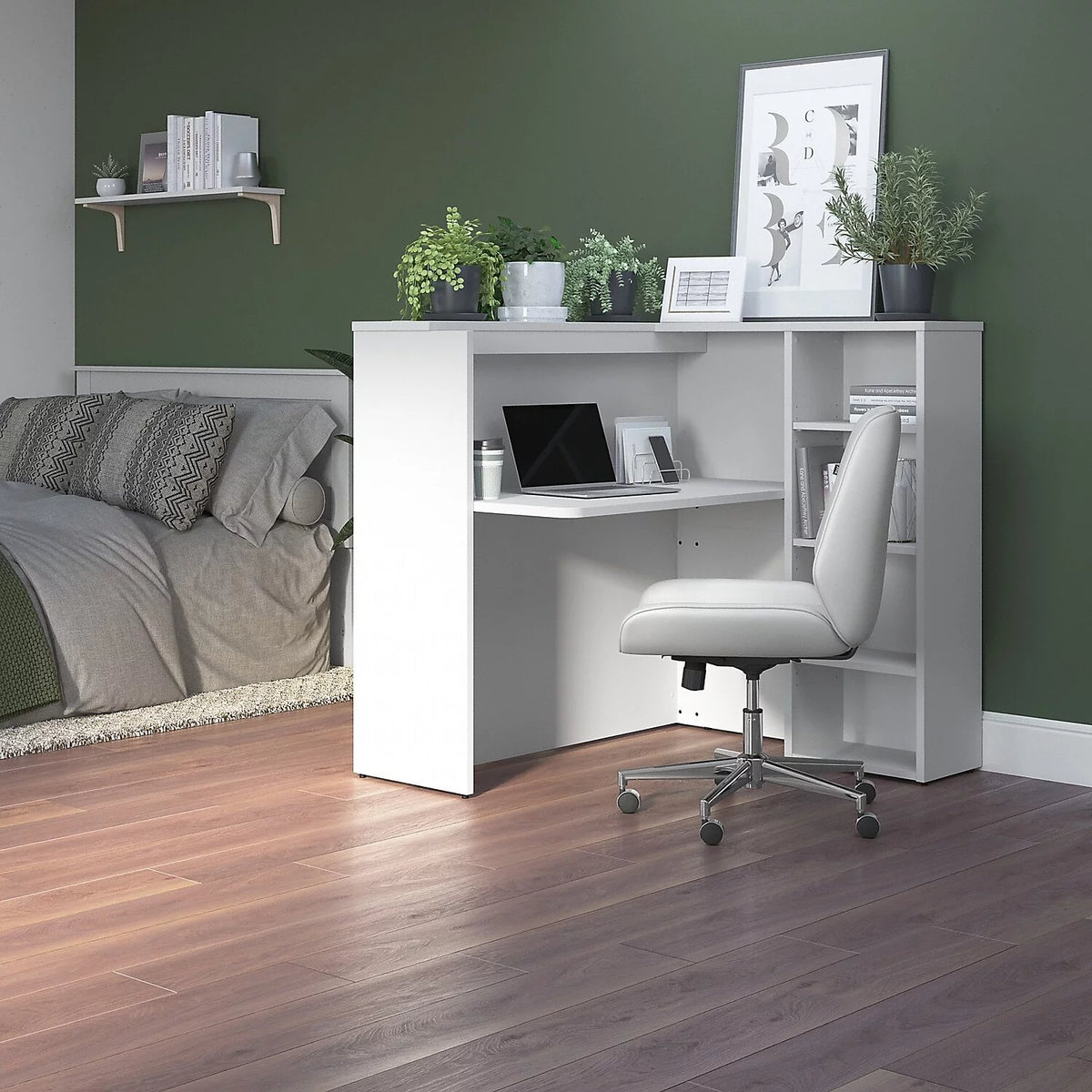 White Engineered Wood Desk with Shelves Q3744