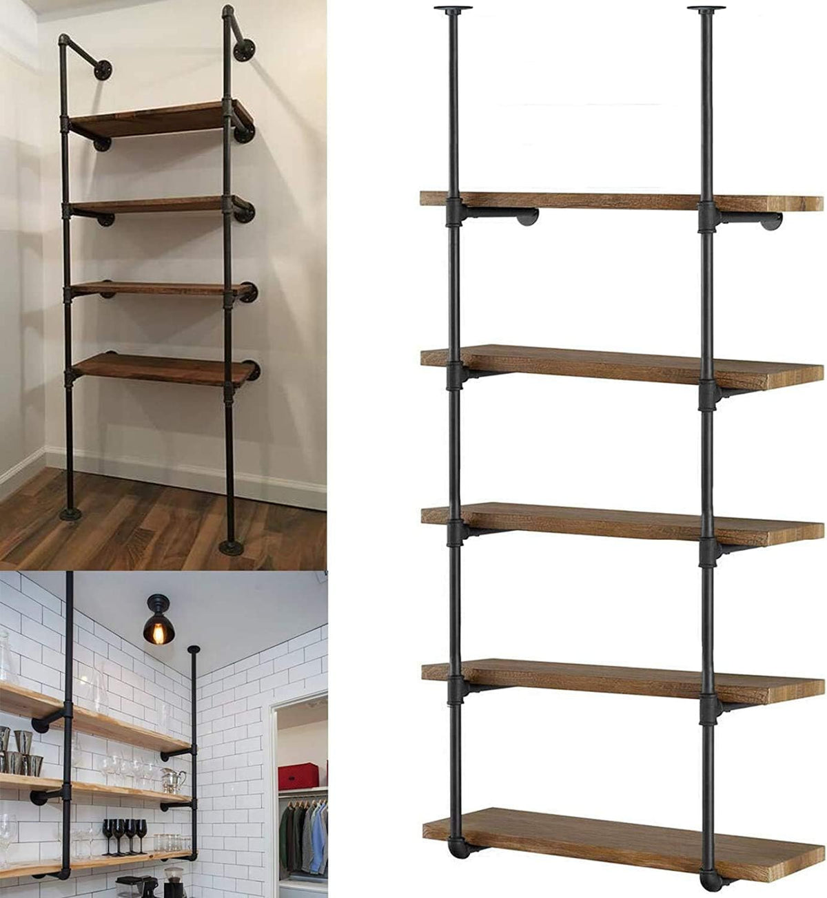 Industrial Wall Mount Iron Pipe Shelving 5 Tier Black L293904
