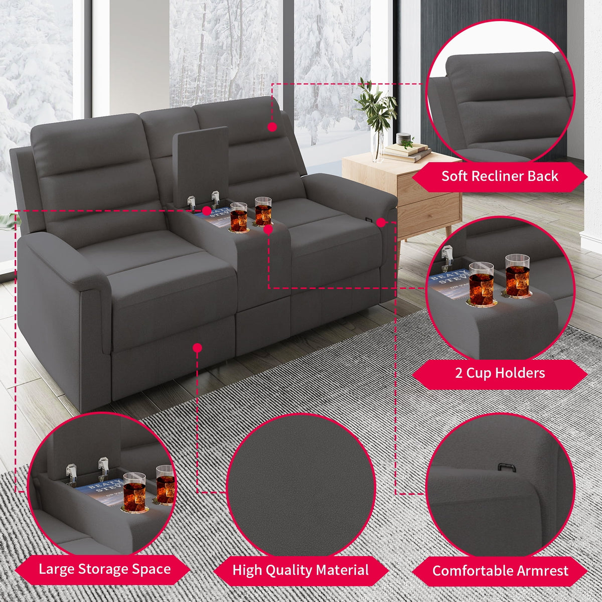 Dark Grey Reclining Loveseat with Cup Holders and Storage H703