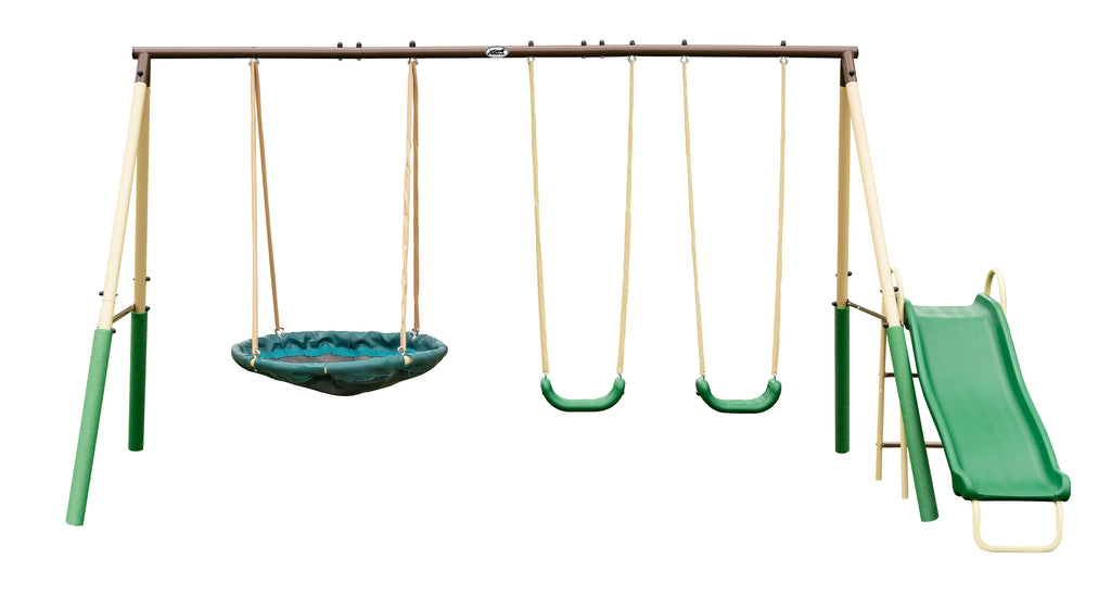 Steel Swing Set with Disc Swing, Swing Seats, Wave Slide Q97550