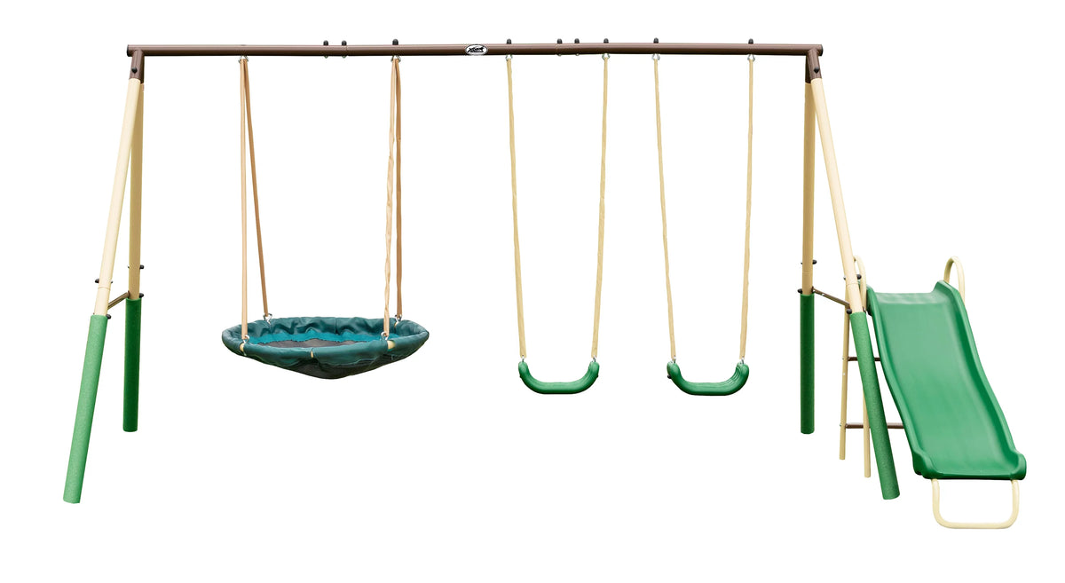 Steel Swing Set with Disc Swing, Swing Seats, Wave Slide Q97550