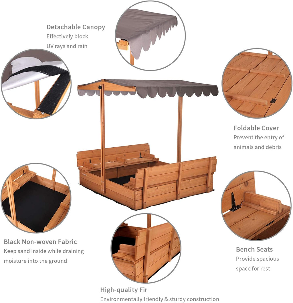 Large Wooden Sandbox with Canopy and 2 Foldable Bench Seats A122