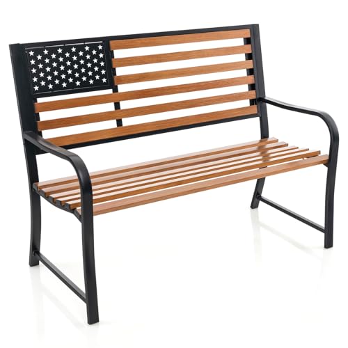 50” 2-Person Metal Patio Bench with Flag Pattern Backrest E406