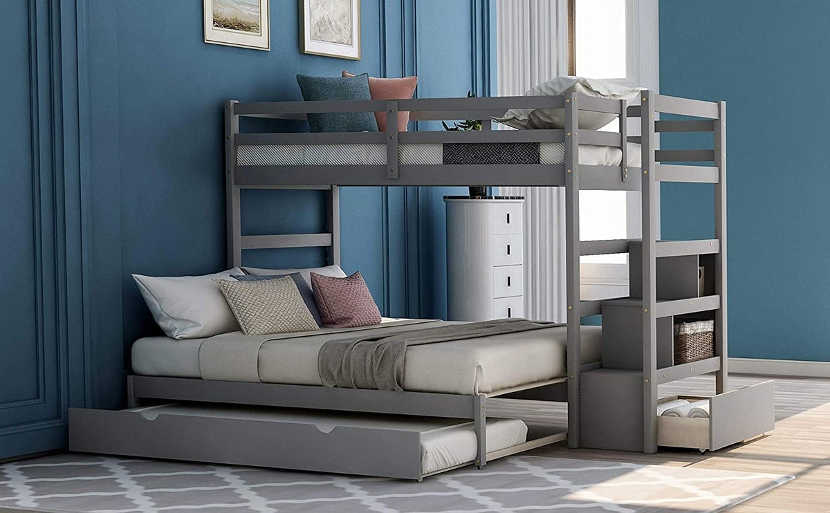 Twin Over Twin Low Bunk Bed with Slide and Ladder Grey D266