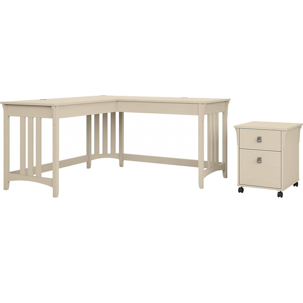 Antique White L-Shaped Writing Desk with Mobile File Cabinet D774003
