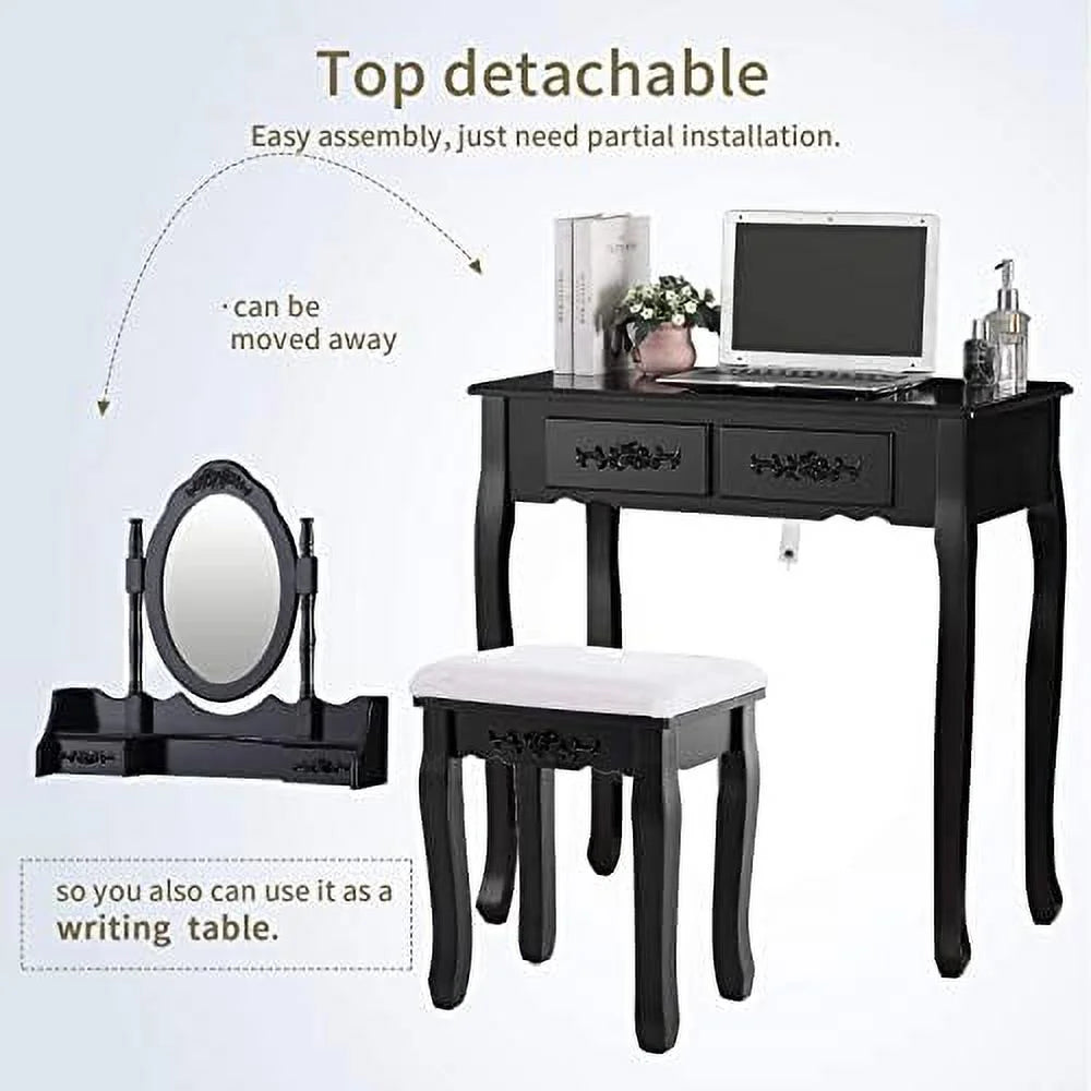 White 4 Drawer Vanity Table Set with Oval Mirror & Stool E7094