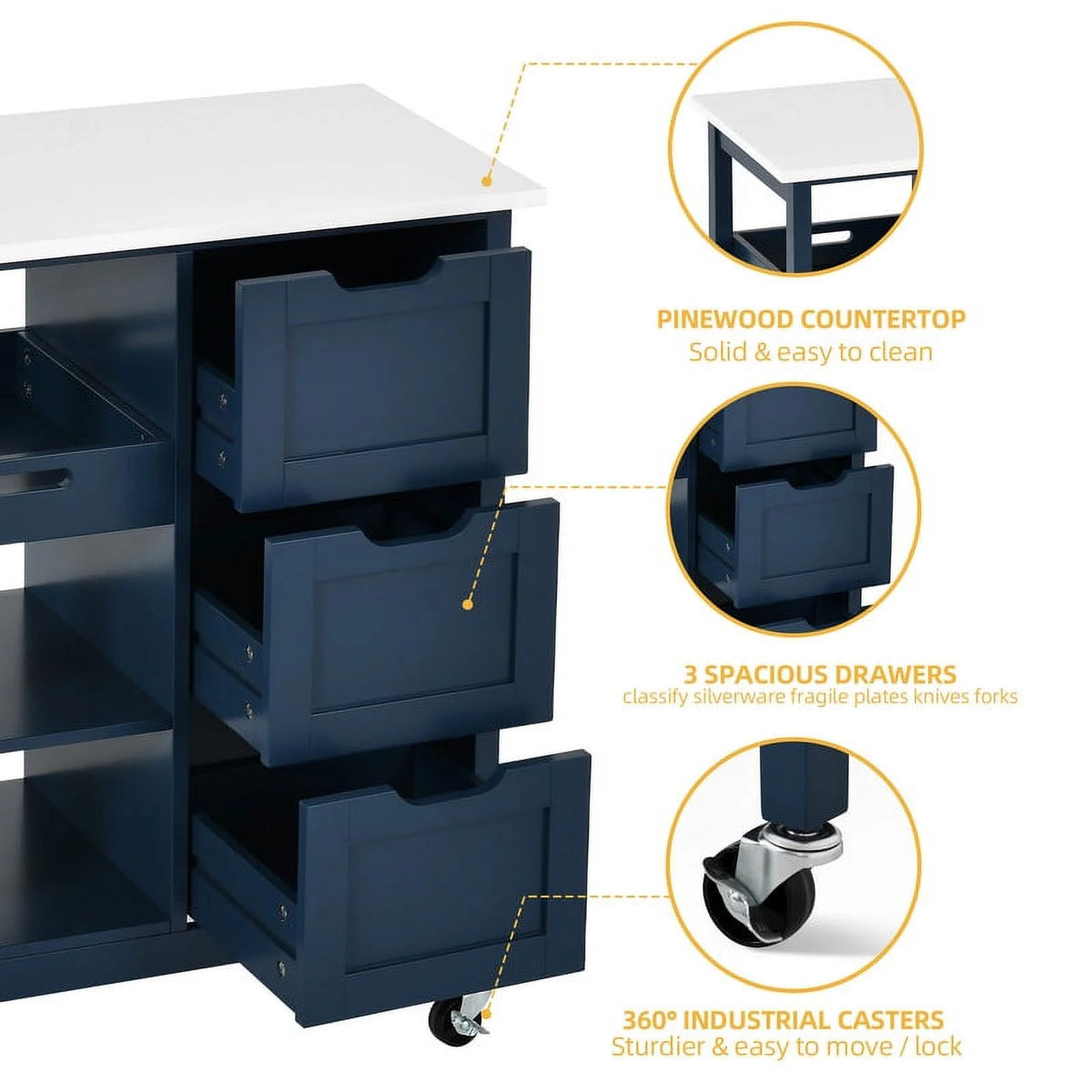3 Tier Rolling Kitchen Island Cart with Storage D710