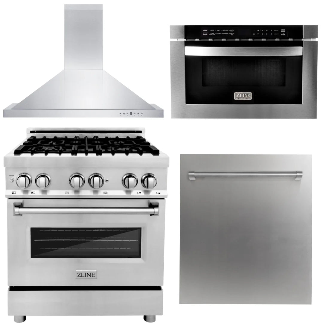 30 in. Dual Fuel Range, Range Hood, Microwave Drawer & Dishwasher E71000