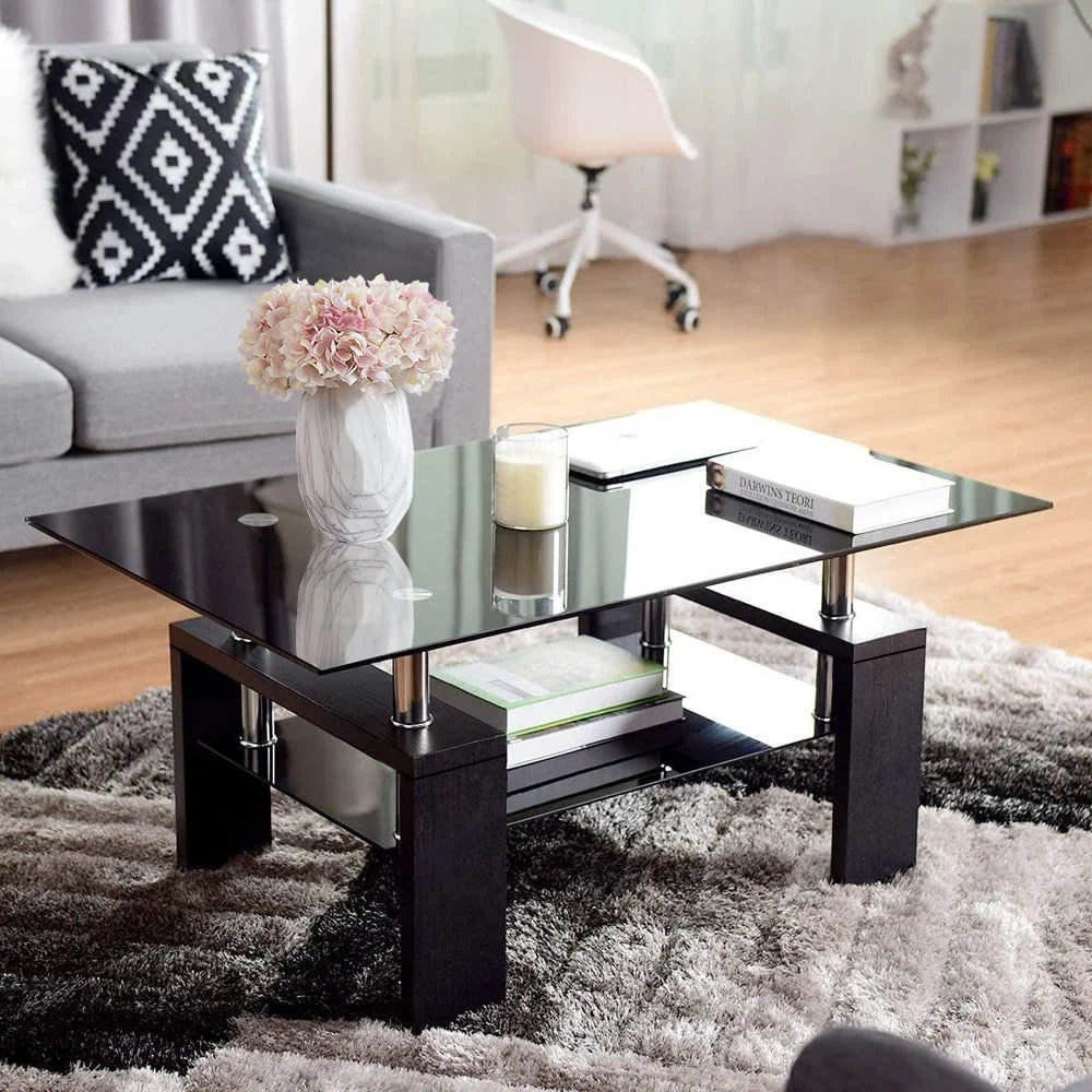 Black Rectangle Glass Coffee Table with Shelf and Wooden Legs G9087