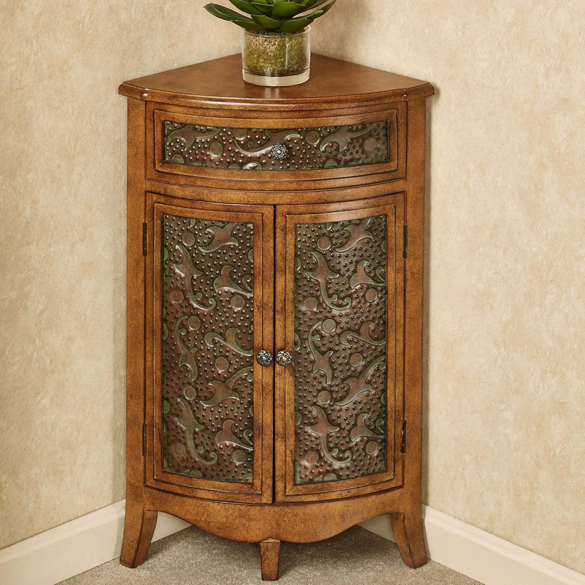 Corner Accent Storage Cabinet Pecan Wood 30.5 Inches Tall E824651