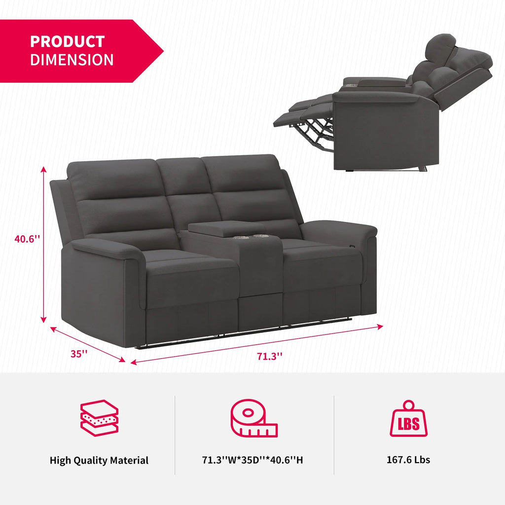 Dark Grey Reclining Loveseat with Cup Holders and Storage H703
