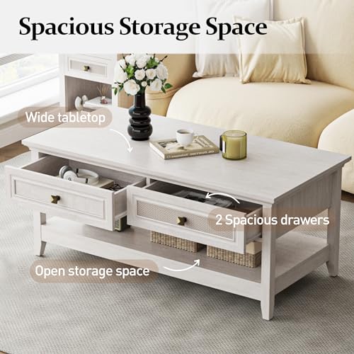 Farmhouse Coffee Table with 2 Rattan Drawers and Storage Shelf I484748