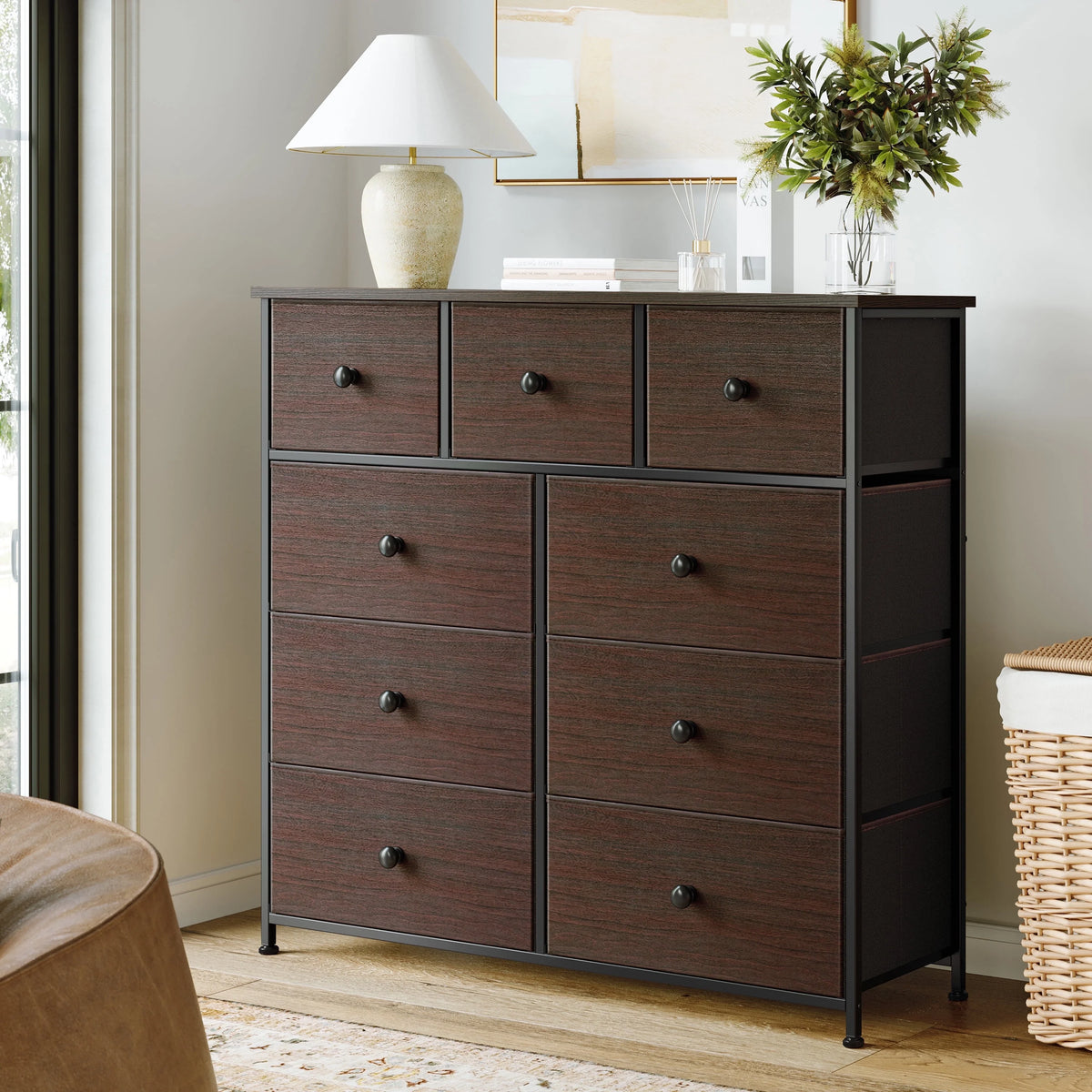 9 Drawer Fabric Dresser with Leather Finish Y122042