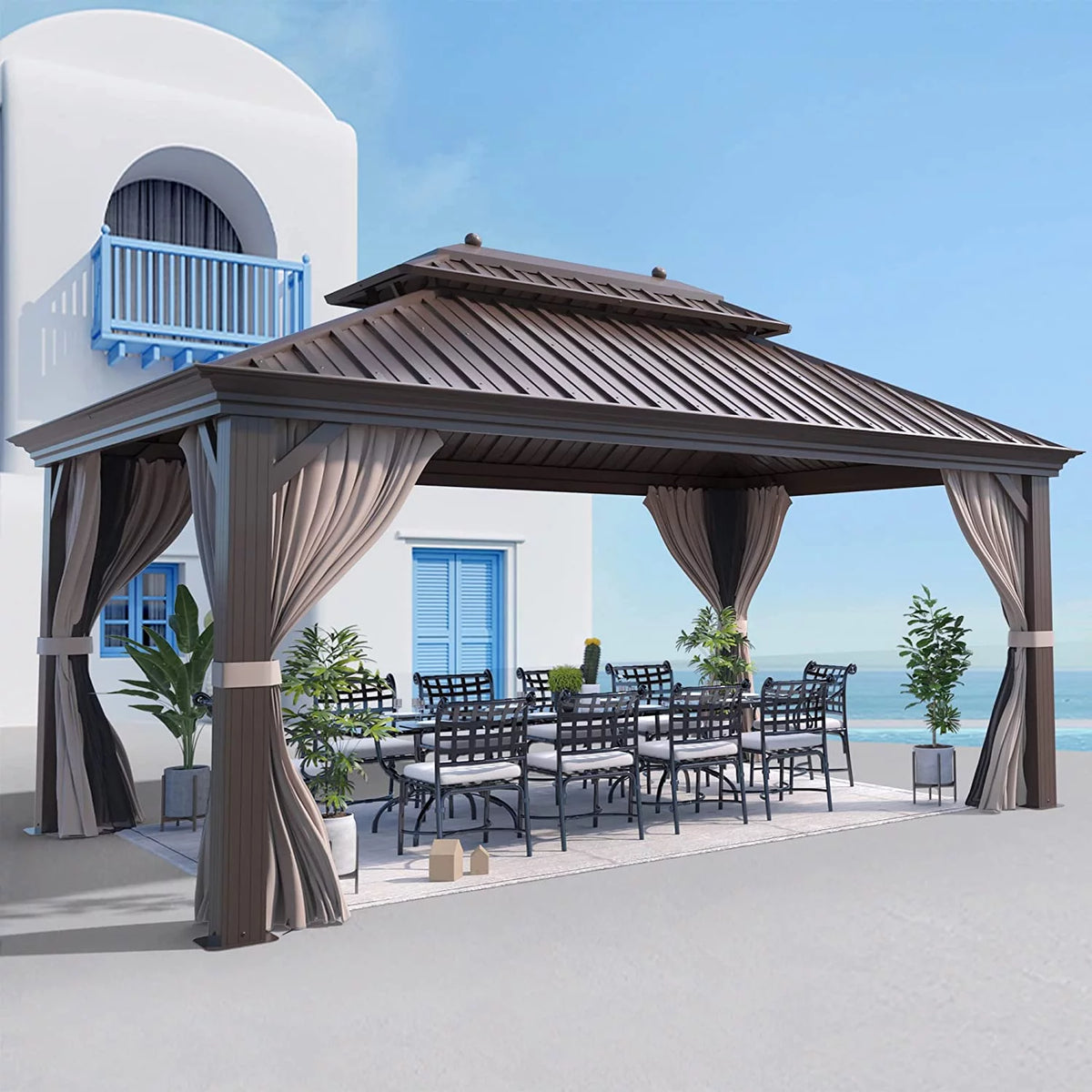 12 ft x 16 ft Brown Steel Hardtop Gazebo X8406