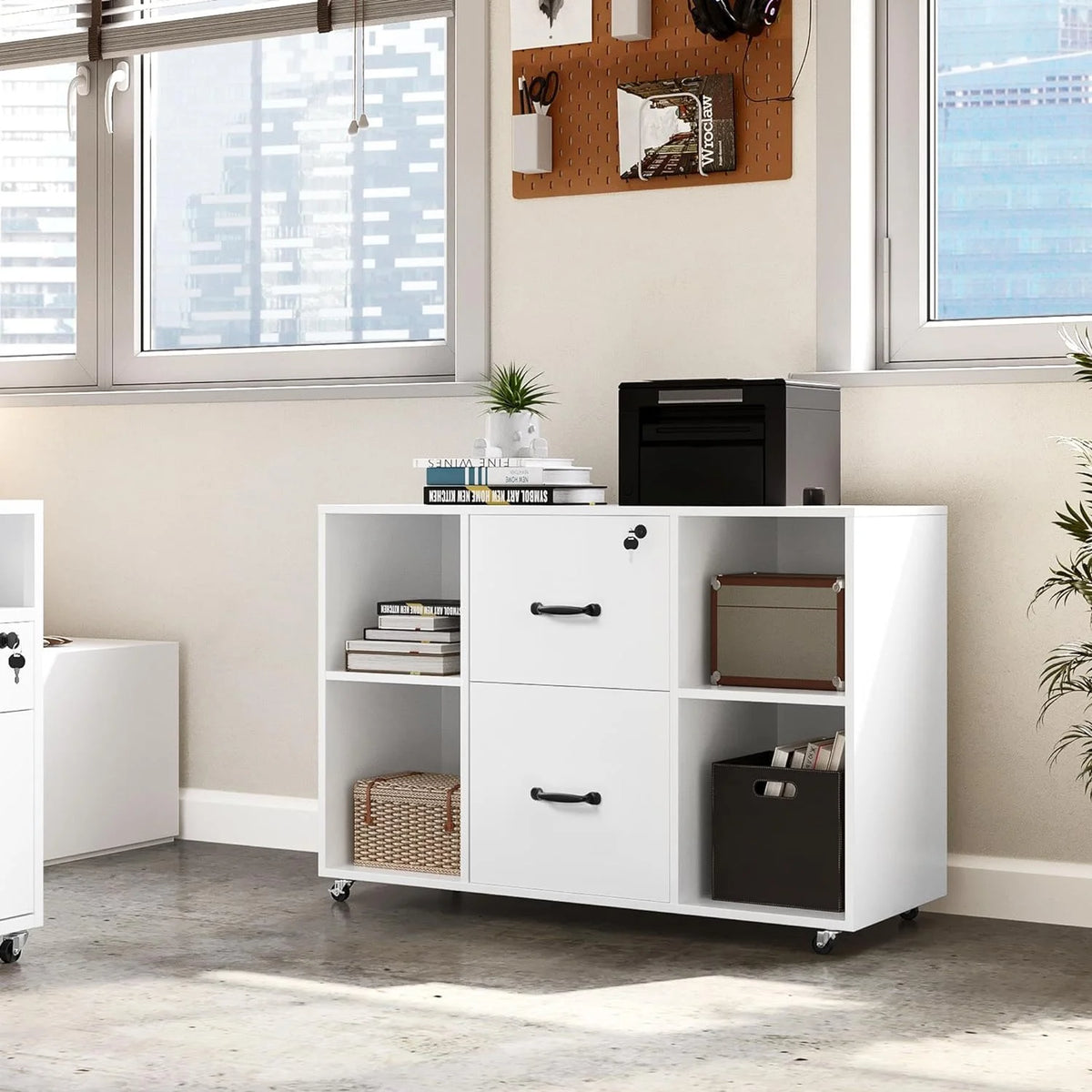 Black Mobile Filing Cabinet with 2 Drawer and 4 Open Compartments X2050