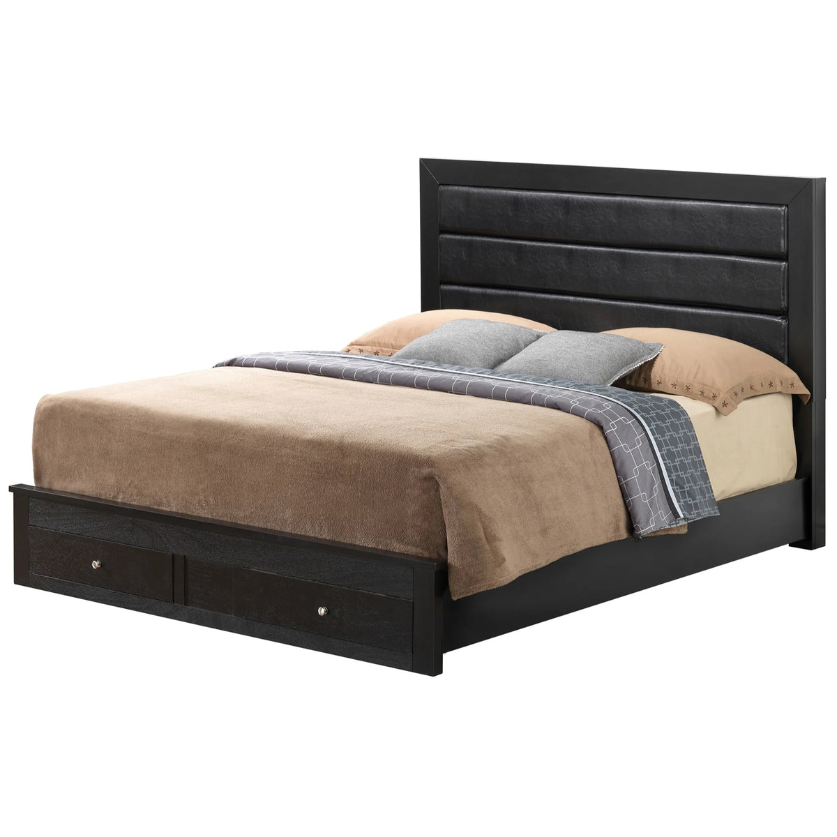 Black Queen Size Upholstered Panel Bed with Two Storage Drawers N930531
