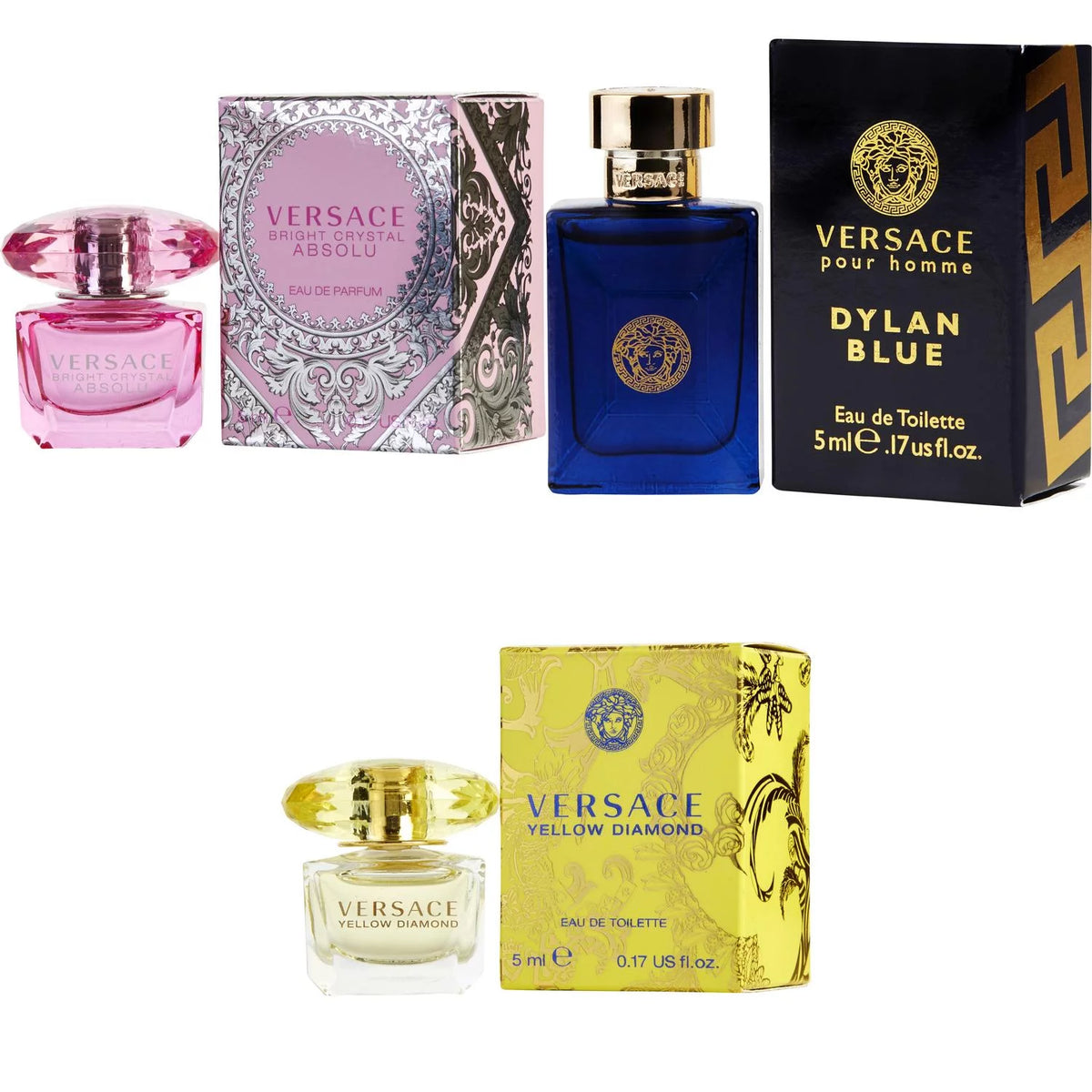 Bright Crystal Absolu EDP, Dylan Blue EDT, Yellow Diamond EDT 5ml 3PK Kit J22038