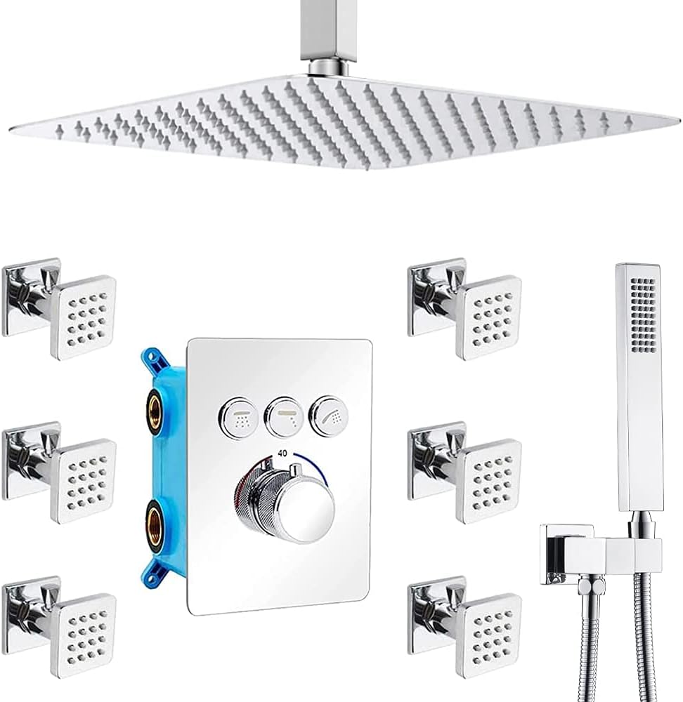 12 Inch Matte Black LED Rainfall Shower System with Body Jets K2177
