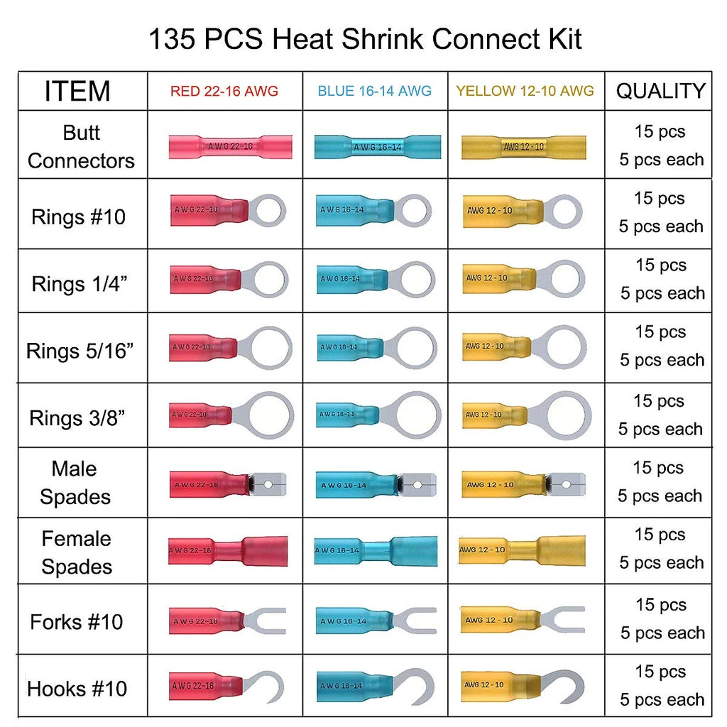 135 Pcs Insulated Waterproof Heat Shrink Wire Connectors Kit C22016