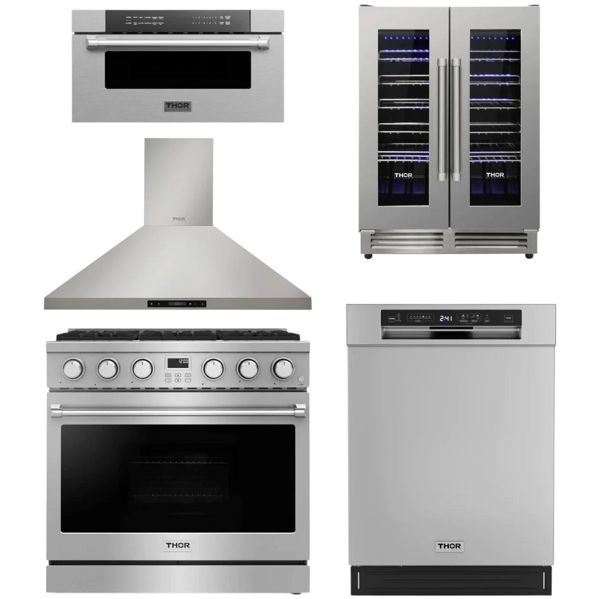 36 Gas Range, Range Hood, Dishwasher, Microwave and Wine Cooler X4626