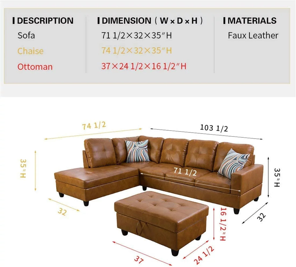 Caramel Leather Sectional Sofa with Storage Ottoman E8674