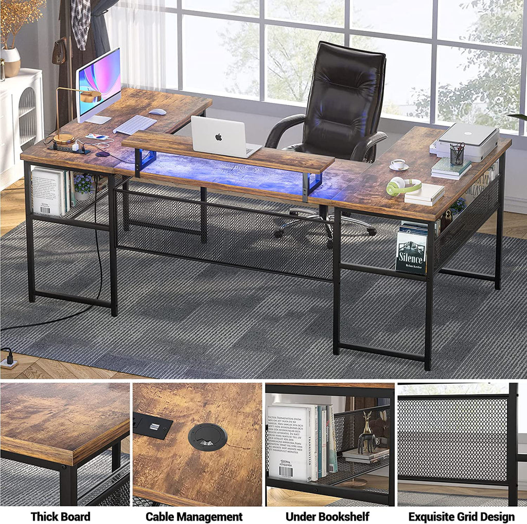 U Shaped Computer Desk with Power Outlet and LED Strip V13729