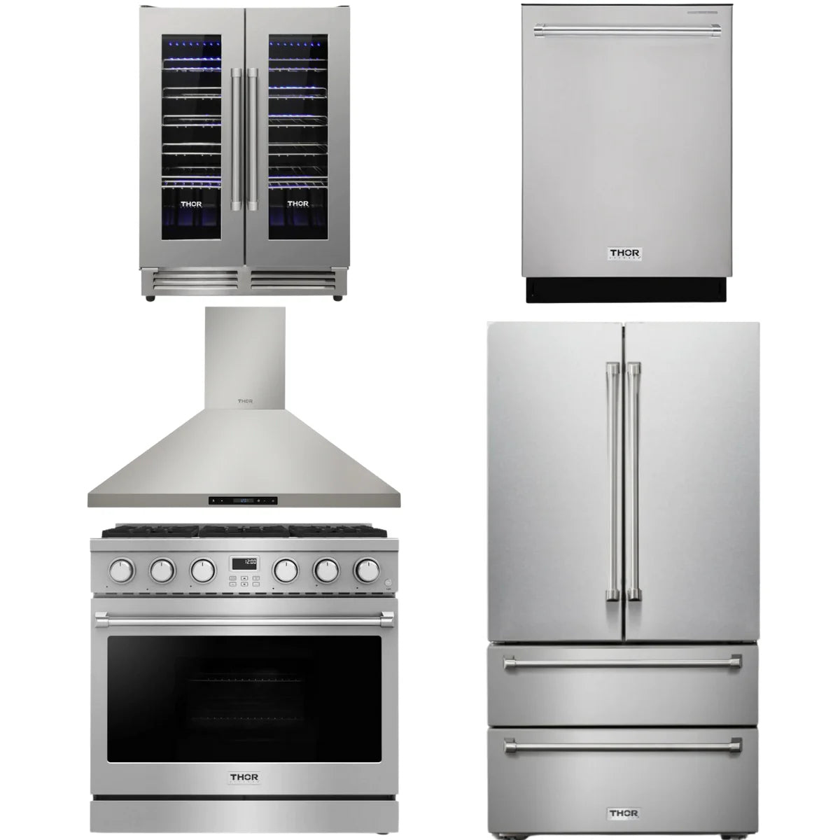 36 Gas Range, Range Hood, Refrigerator, Dishwasher and Wine Cooler V827