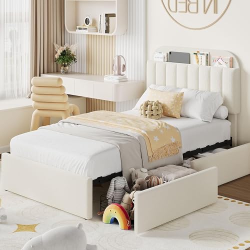Beige Boucle Upholstered Twin Platform Bed with 2 Drawers U879511