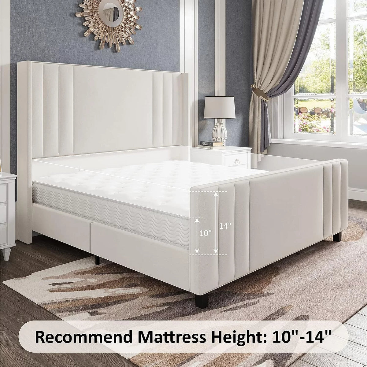 Queen Platform Bed Frame with Vertical Channel, Cream T54176