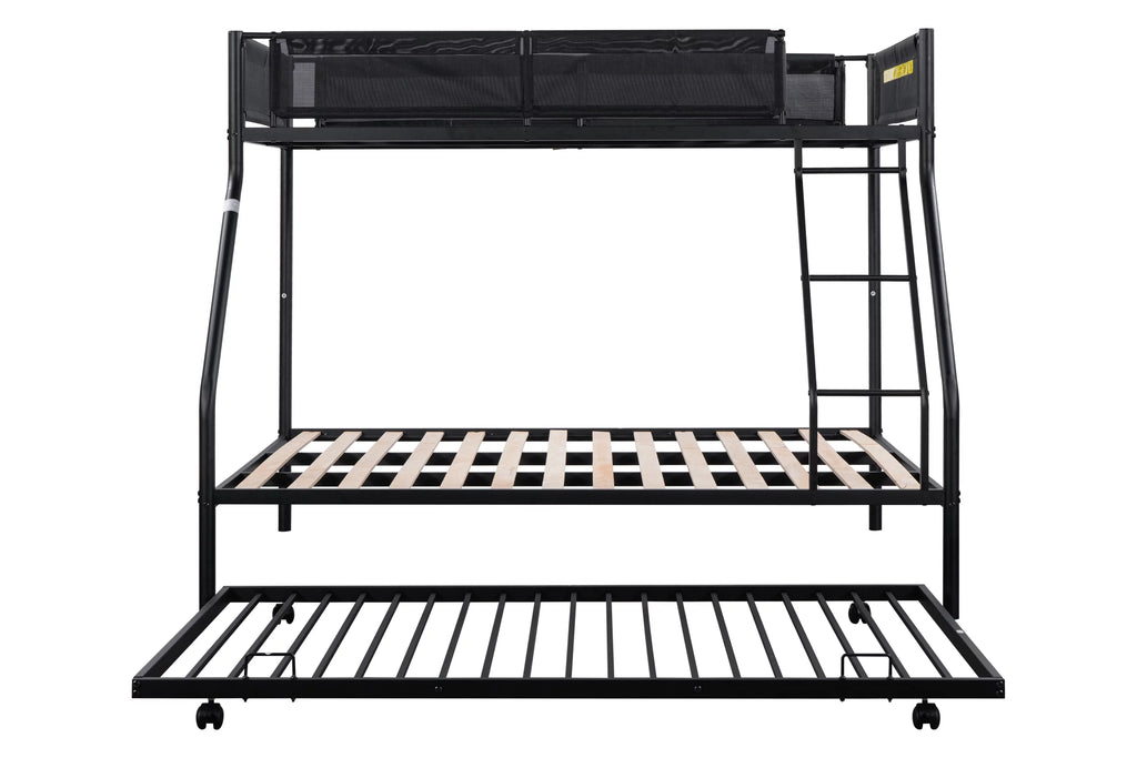 Twin over Full Size Metal Bunk Bed with Trundle and Textilene Guardrail F131573