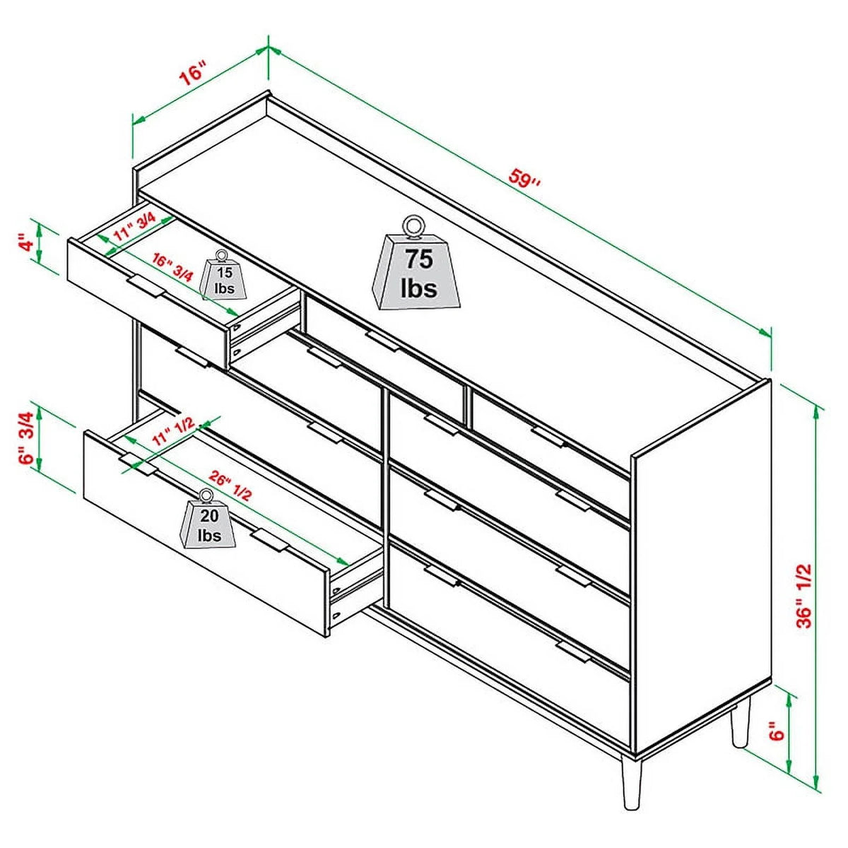 White 9 Drawer Solid Wood Dresser T8240