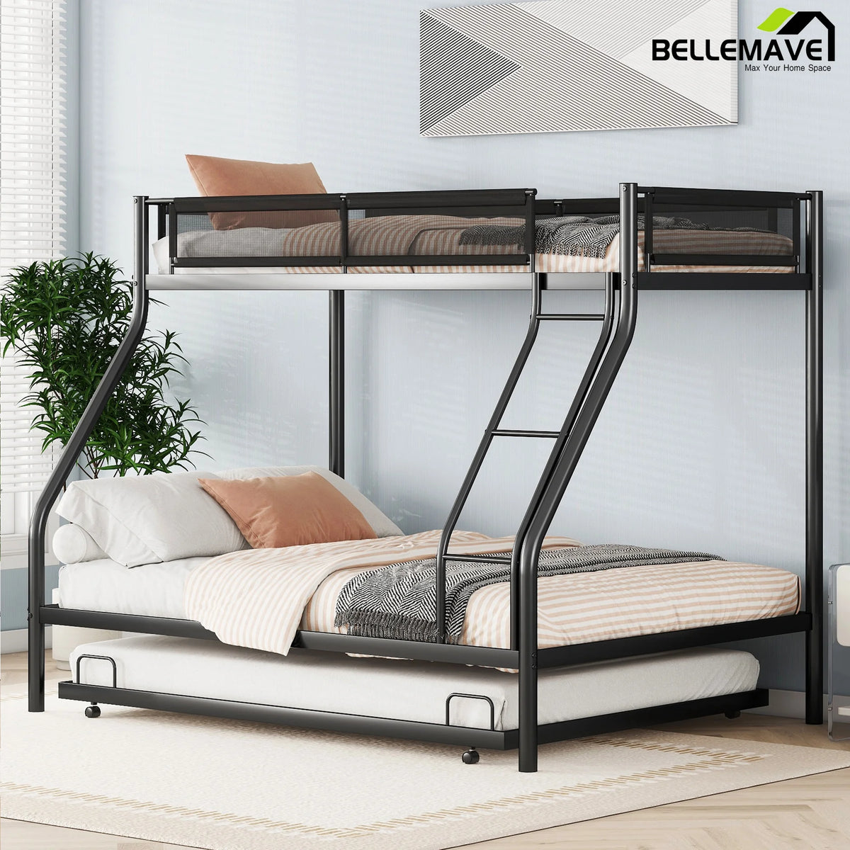 Twin over Full Size Metal Bunk Bed with Trundle and Textilene Guardrail F131573