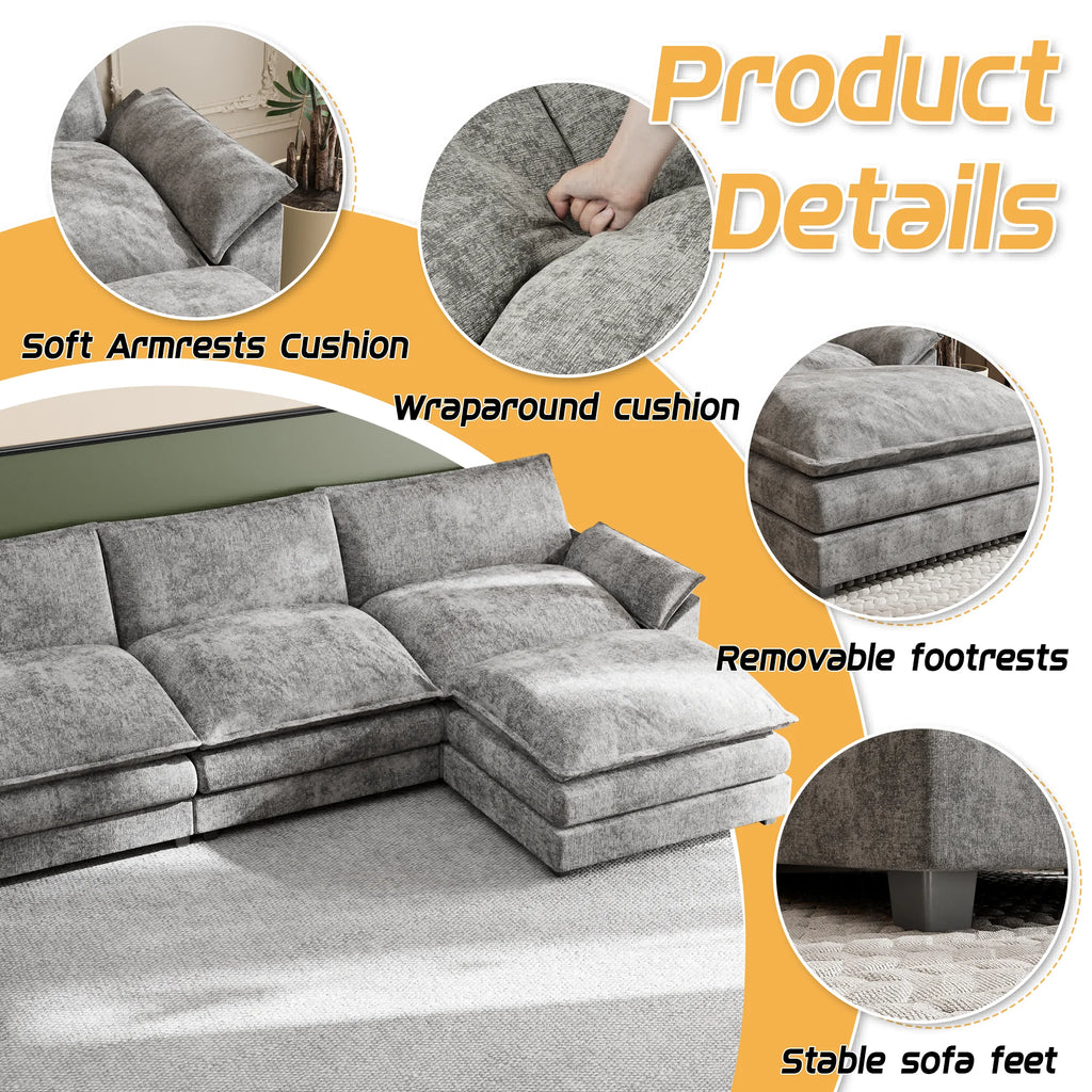 U-Shape 4 Seat Sectional Sofa with Chaise Lounge Gray W6046