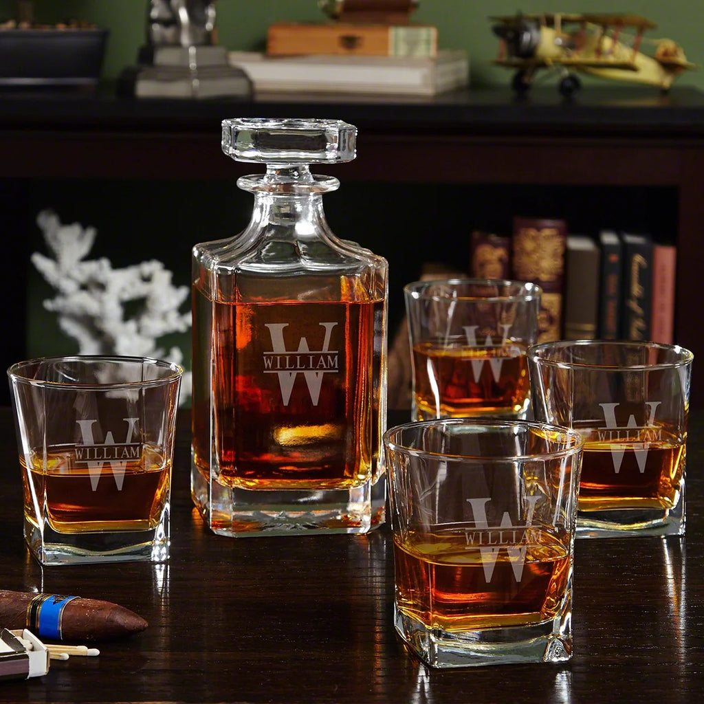 Etched Whiskey Decanter Set with Square Rocks Glasses M45617