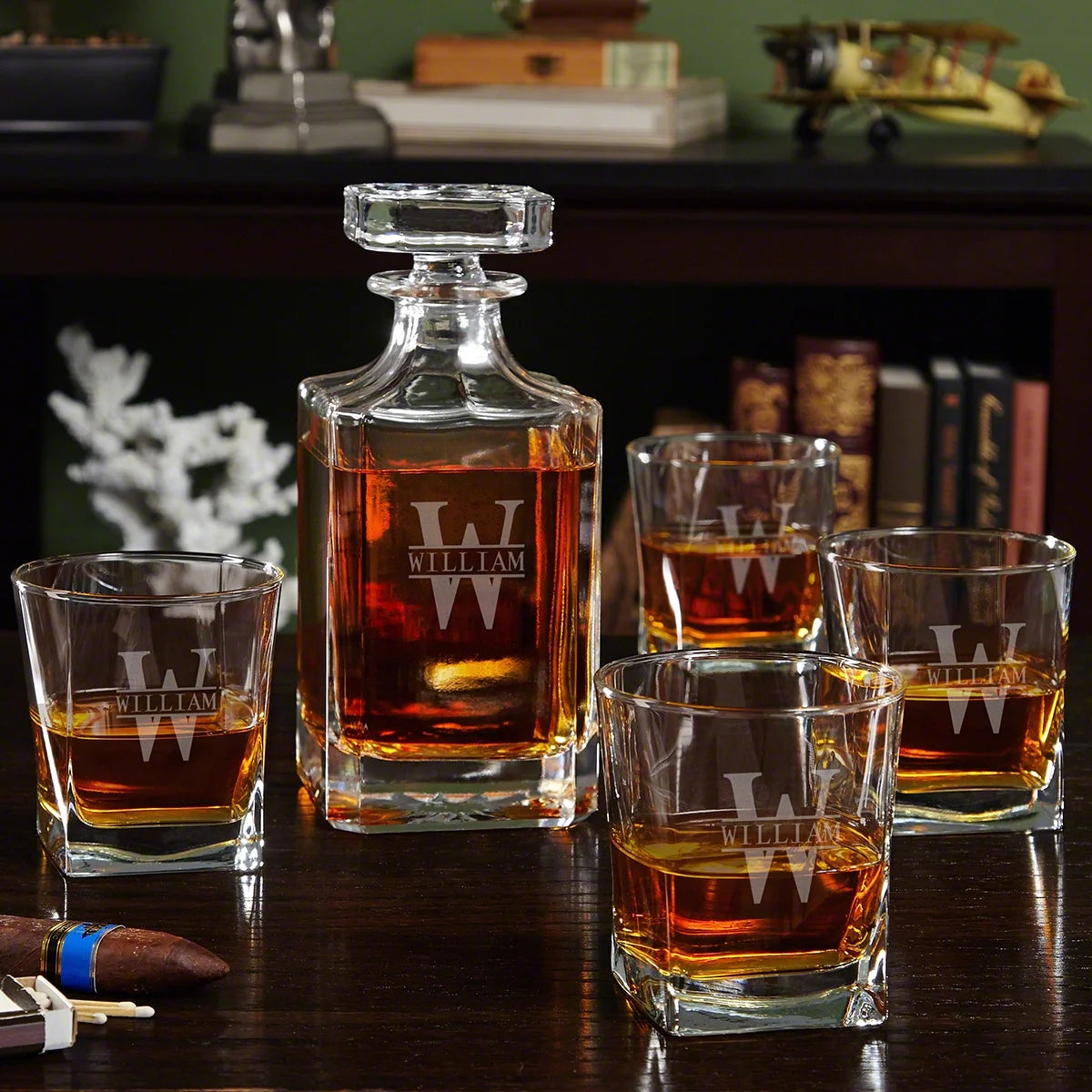 Etched Whiskey Decanter Set with Square Rocks Glasses M45617