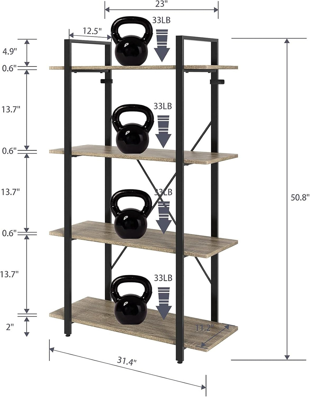 4-Tier Metal Frame Bookcase with Wood Shelves J176