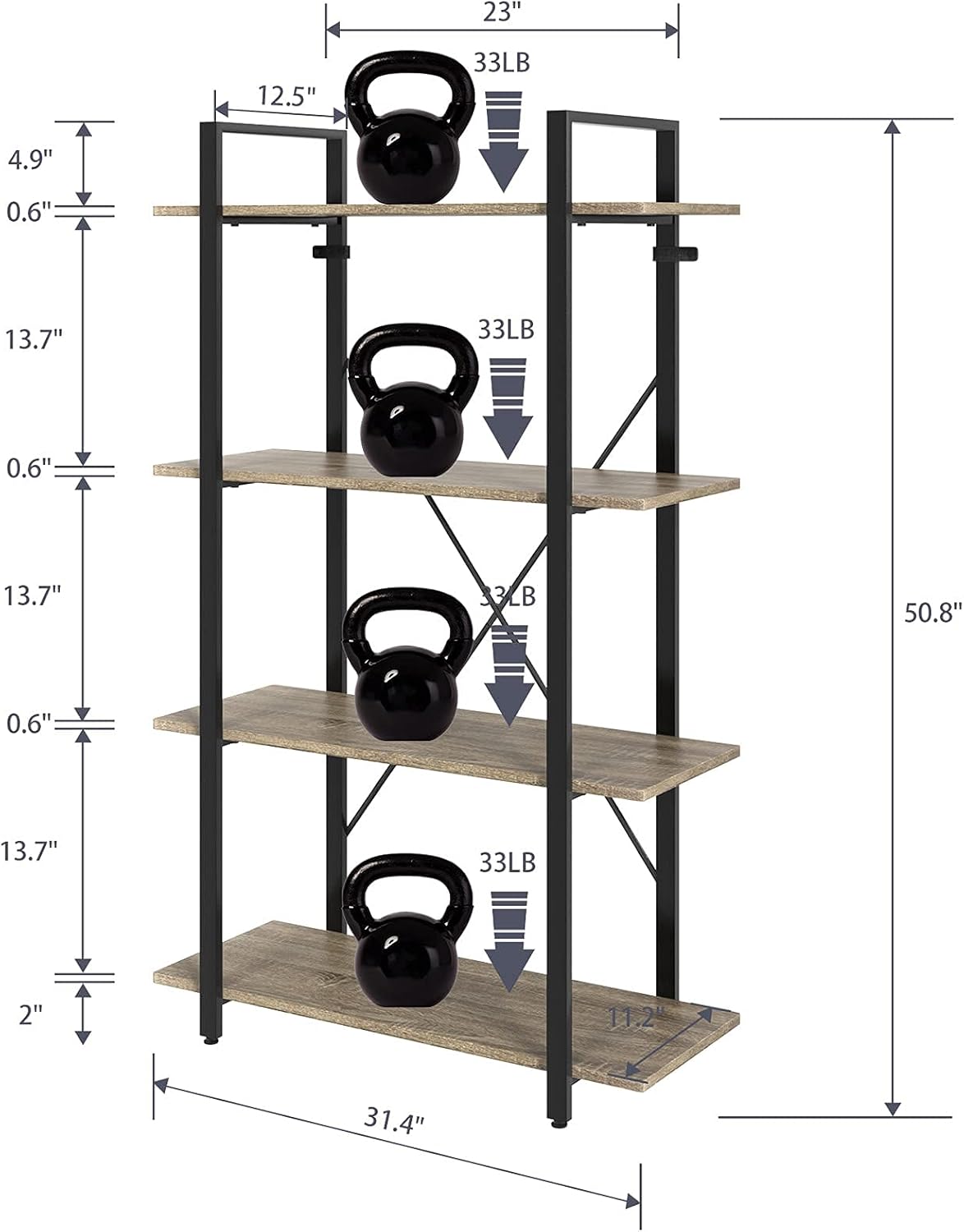 4-Tier Metal Frame Bookcase with Wood Shelves J176