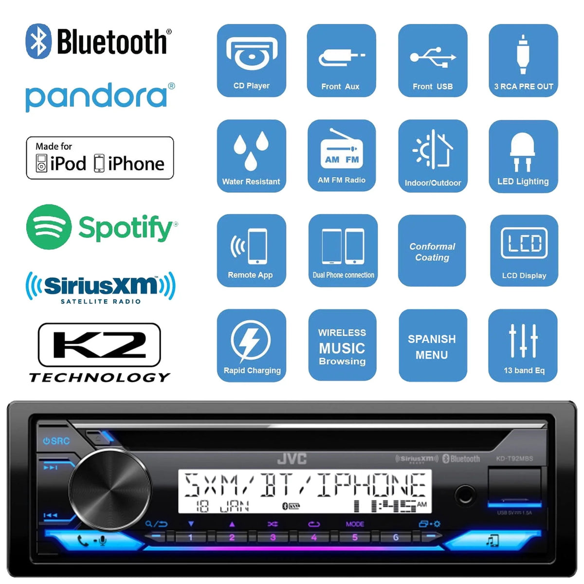 Single DIN Marine Bluetooth AM/FM Radio Stereo Receiver with Dash Protector and Antenna Y455016
