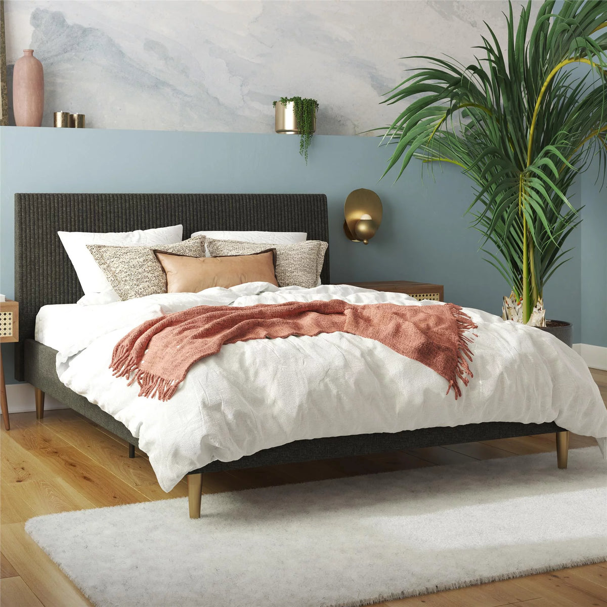 Ivory Velvet Queen Upholstered Bed with Headboard R361