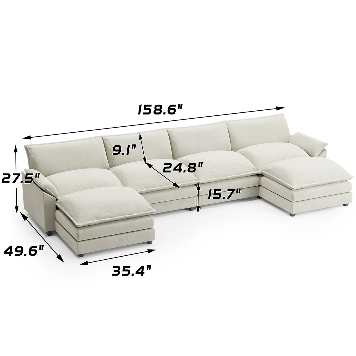 U-Shape 4 Seat Sectional Sofa with Chaise Lounge Gray W6046