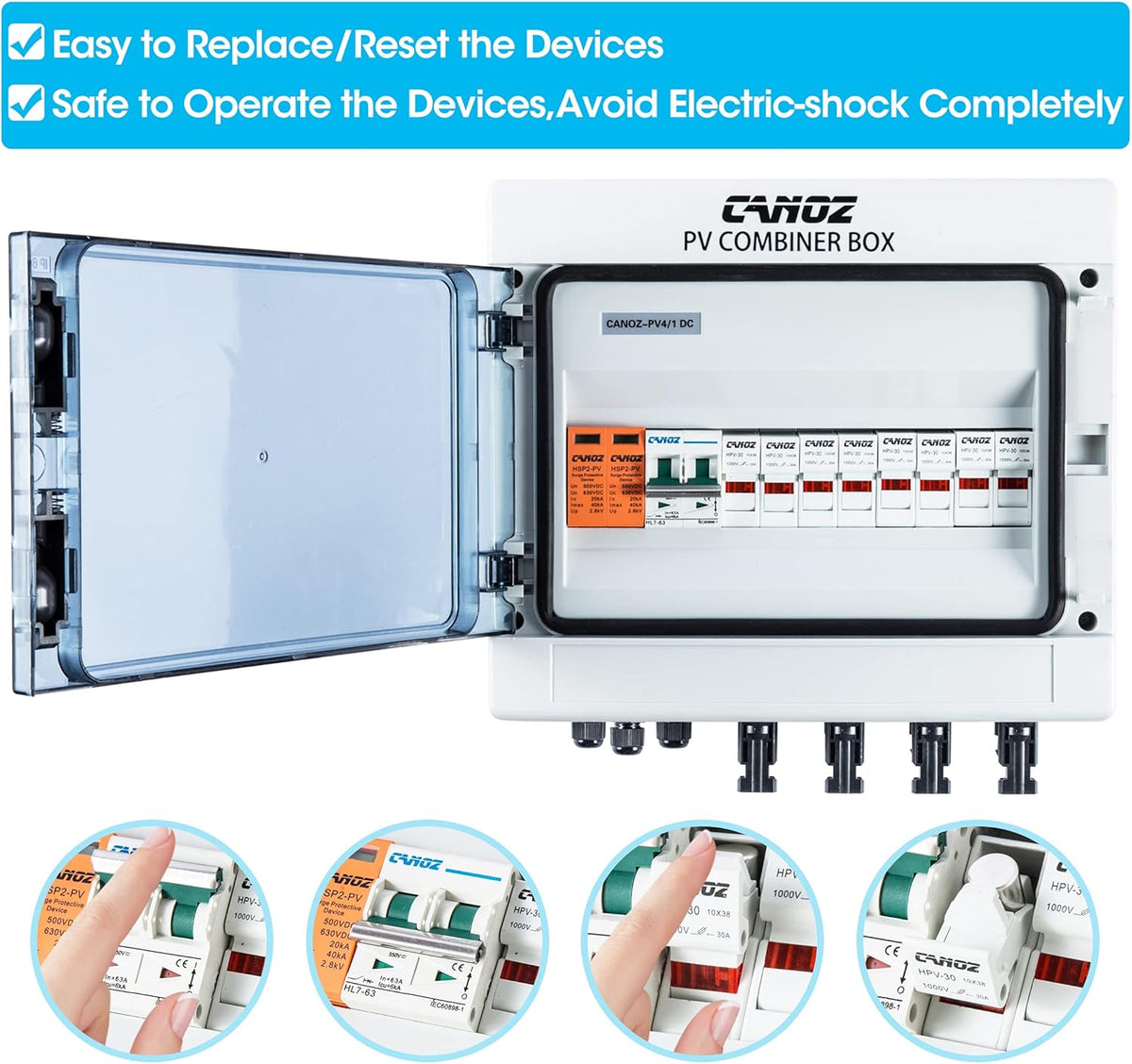 4 String PV Combiner Box with 15A Fuse, 63A Circuit Breaker, Surge Protector and MC4 Connectors G7837
