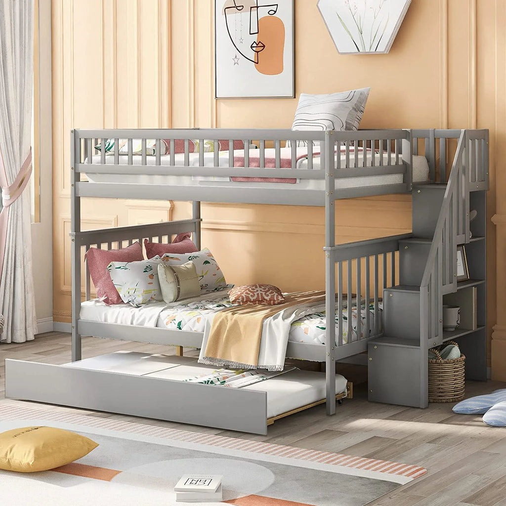 Solid Wood Full Over Full Bunk Bed with Trundle and Staircase, Grey V9694