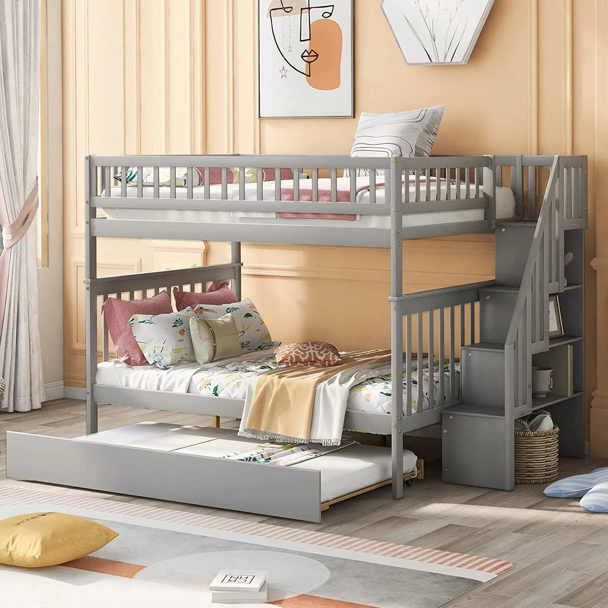 Solid Wood Full Over Full Bunk Bed with Trundle and Staircase, Grey V9694