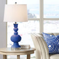 Modern 30" Tall Blue Glass Table Lamp with White Linen Drum Shade C830572