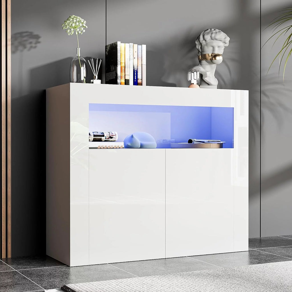 White High Glossy 2 Door Buffet Cabinet with Adjustable Shelf R6038